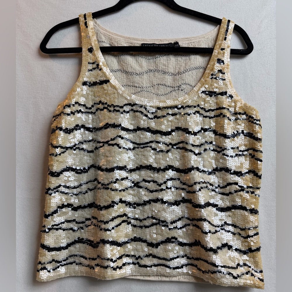 Lafayette 148 New York Sequin Tank Top M Ivory Champagne Black Stripe Shell
